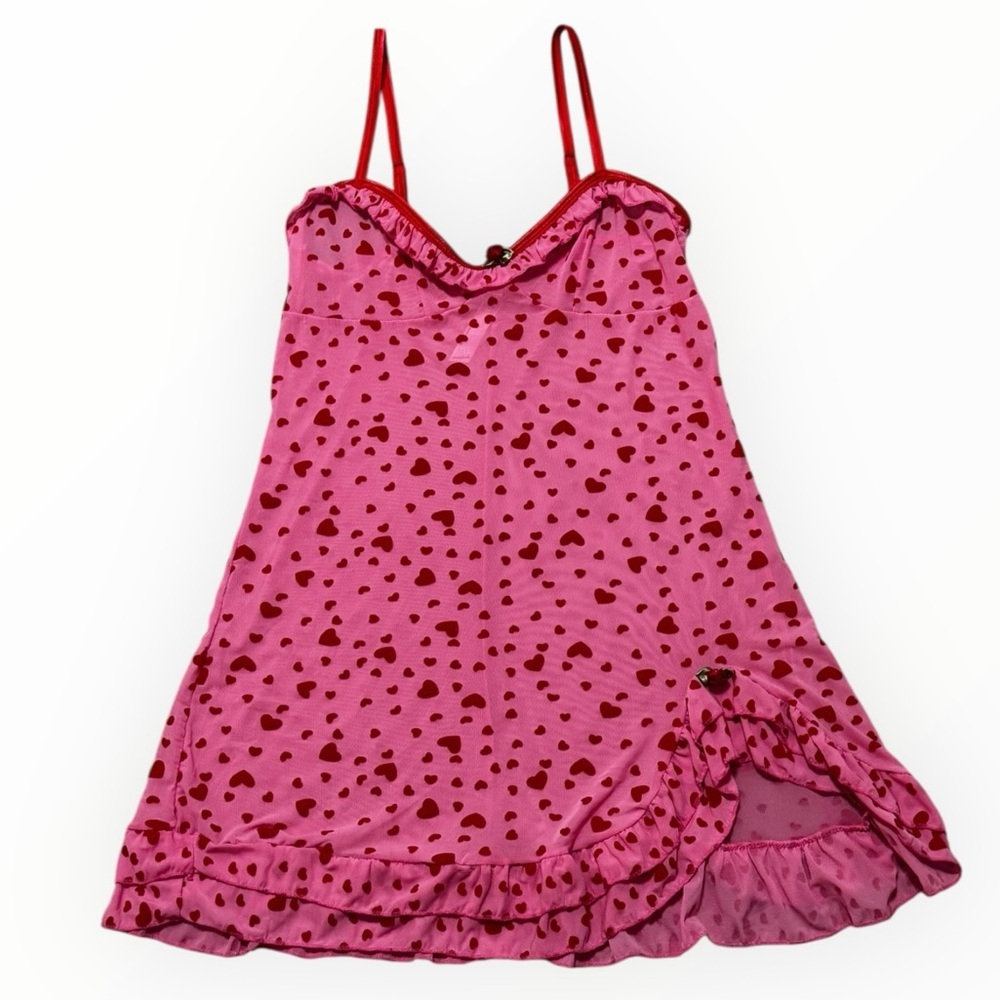 SUGAR THRILLZ Dolls Kill Candy Feelin’ Lovesick Heart Slip Dress Pink Red Mesh L